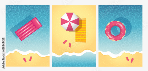 Top view summer beach backgrounds set.