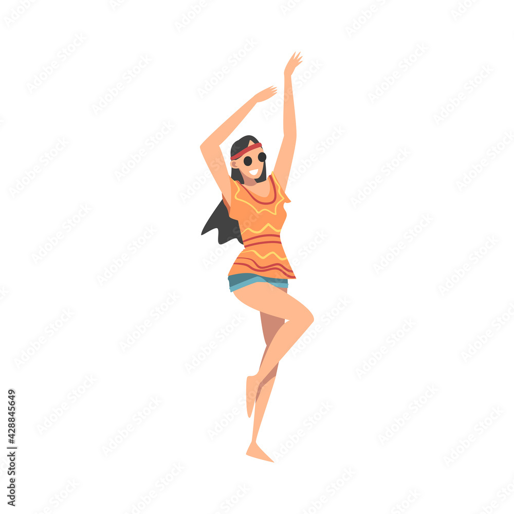 Pretty Hippie Woman Character, Brunette Girl with Long Hair Wearing Retro Style Clothing Happily Dancing at Disco Party Cartoon Vector Illustration Pretty Hippie Woman Character, Brunette Girl with Long Hair Wearing Retro Style Clothing Happily Dancing at Disco Party Cartoon Vector Illustration