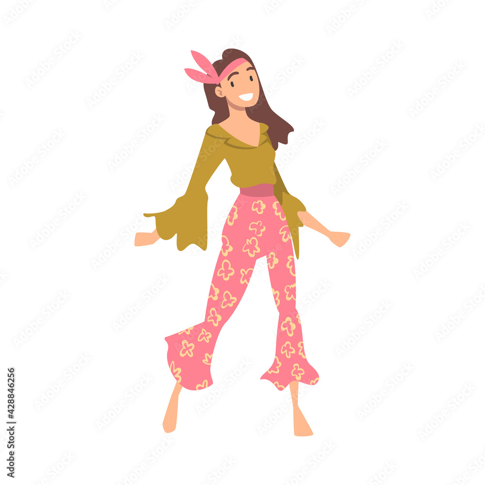 Pretty Hippie Woman Character, Beautiful Girl Wearing Retro Style Clothing Dancing at Party Cartoon Vector Illustration Pretty Hippie Woman Character, Beautiful Girl Wearing Retro Style Clothing Dancing at Party Cartoon Vector Illustration