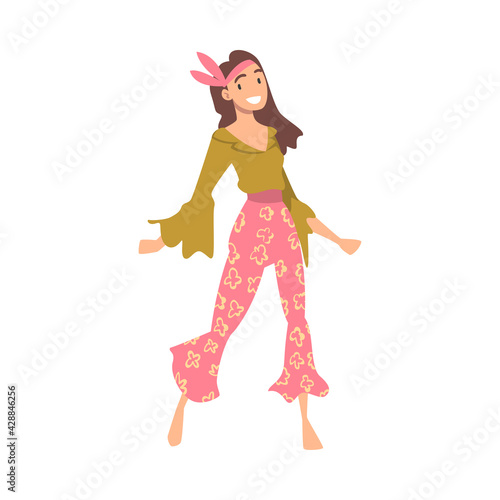 Pretty Hippie Woman Character, Beautiful Girl Wearing Retro Style Clothing Dancing at Party Cartoon Vector Illustration