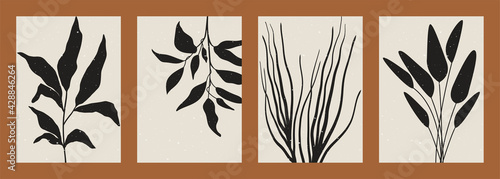 Abstract minimalist floral backgrounds. Boho posters plant silhouettes contemporary mid century aesthetic. Vector set