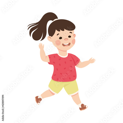 Adorable Running Brunette Girl, Happy Preschool Kid Having Fun on Isolated White Background Vector Illustration