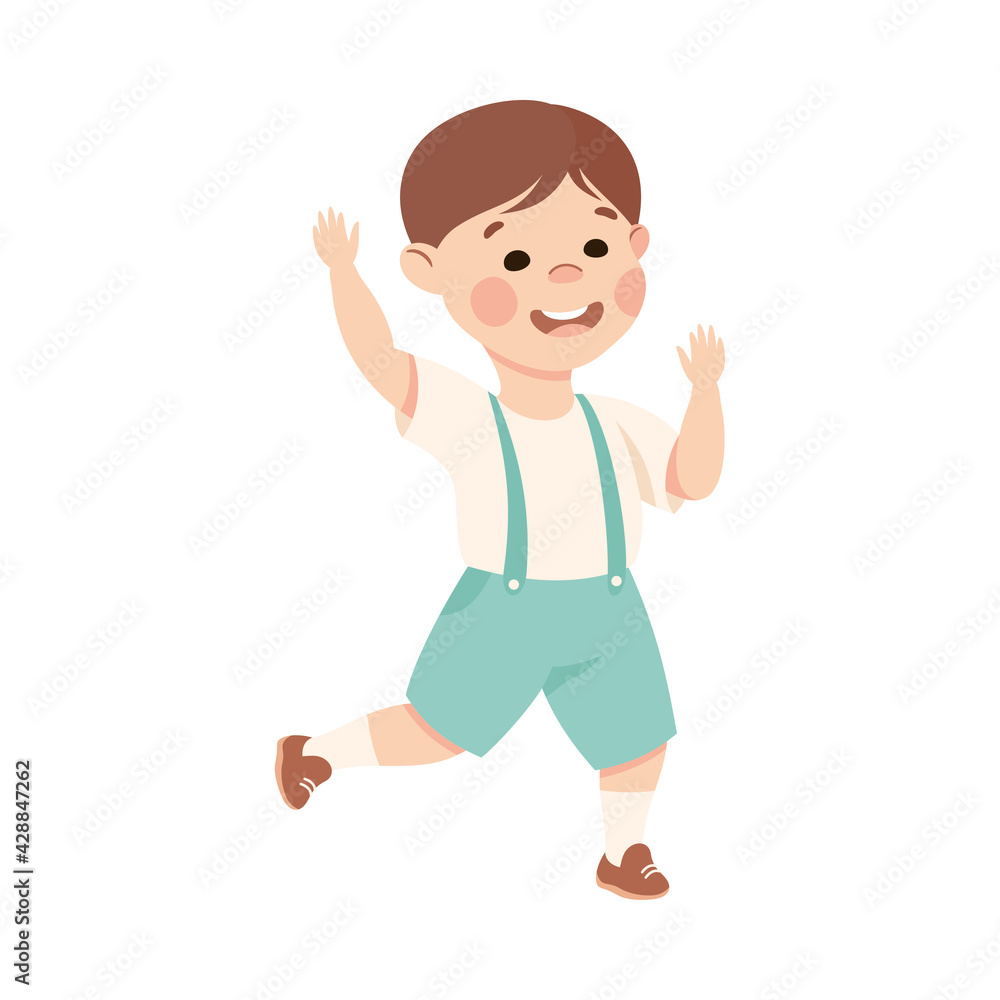 Adorable Boy Running Wearing Casual Clothes, Preschool Kid Having Fun on Isolated White Background Vector Illustration