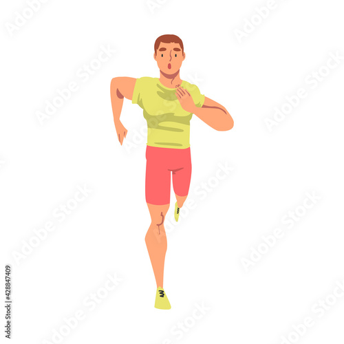Front View of Young Running Man, Male Athlete in Sports Uniform Running Marathon, Training, Jogging, Doing Morning Workout on Isolated White Background Vector Illustration