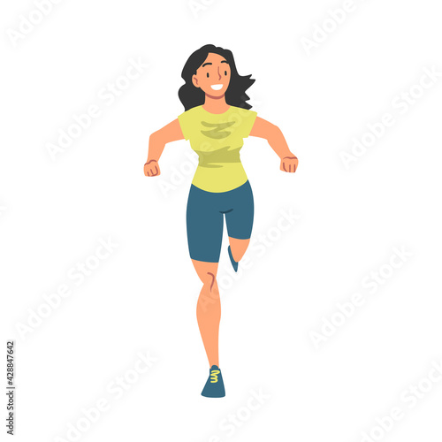 Front View of Smiling Running Woman, Female Athlete Running Marathon, Training, Jogging on Isolated White Background