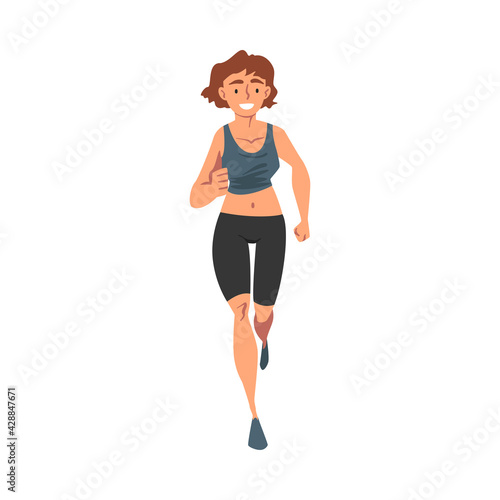 Front View of Cheerful Running Woman, Female Athlete in Sports Uniform Running Marathon, Training, Jogging on Isolated White Background