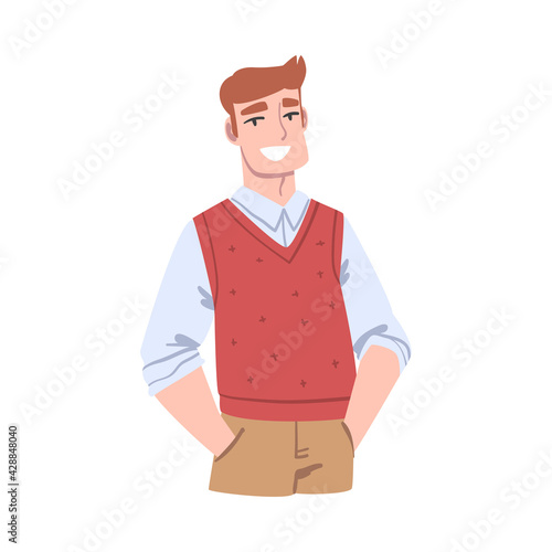 Cheerful Young Man, Smiling Guy with Happy Face Expression, Human Emotions and Feelings Concept Cartoon Vector Illustration