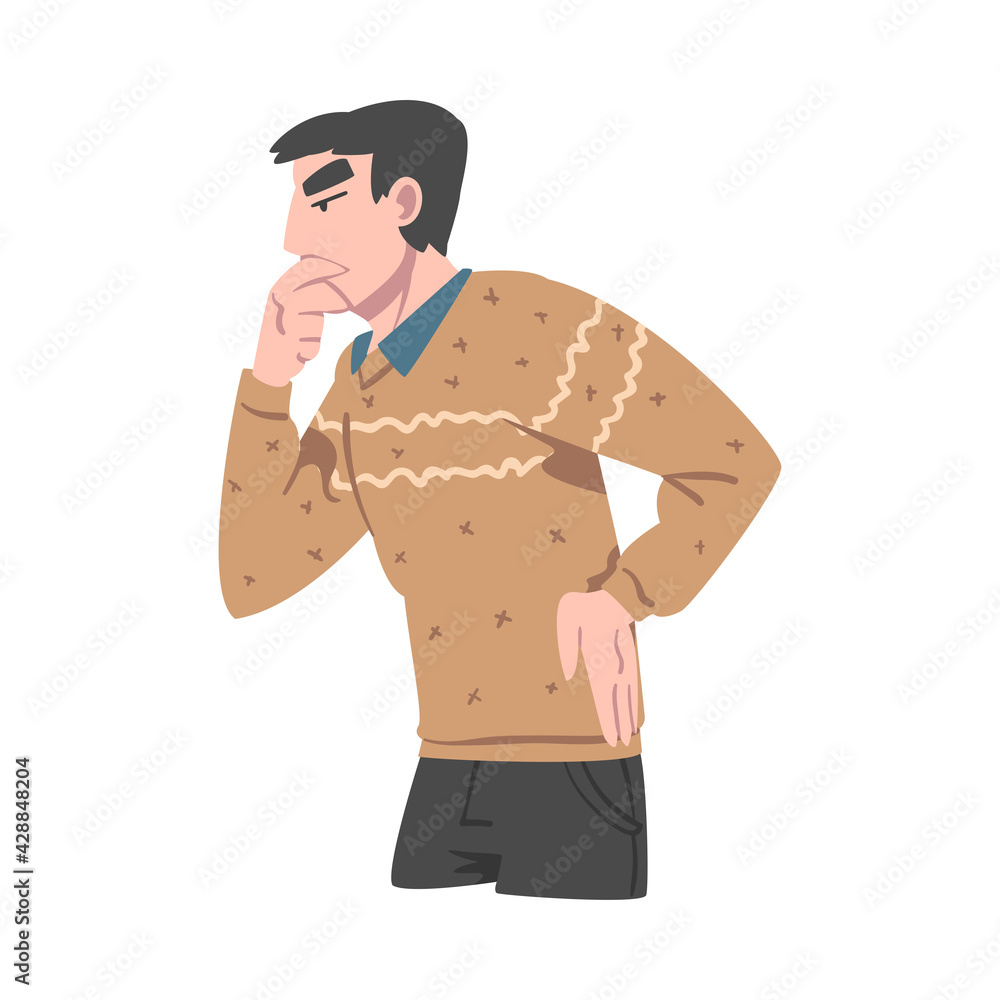 Fototapeta premium Thoughtful Young Man, Guy with Pensive Face Expression Making Decision, Human Emotions and Feelings Concept Cartoon Vector Illustratio