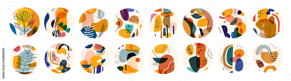 Decorative abstract collection of templates with abstract shapes and colourful doodles. Hand-drawn modern set