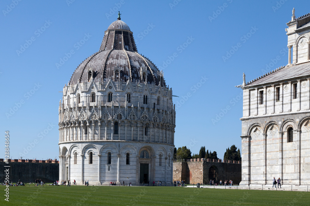 The Piazza dei Miracoli with the Pisa Baptistery, the Pisa Cathedral and a partial view of the city walls.