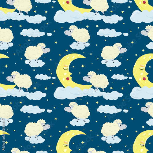 Seamless pattern illustration in childrens flat style cartoon for childrens bedroom design Sheep on the clouds next to the sleeping moon moon