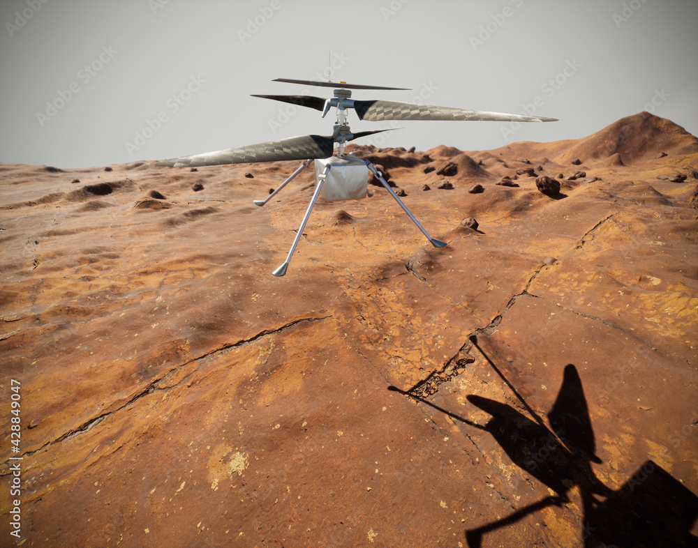 Helicopter Ingenuity explore Mars. Drone on the ground of Mars examining  rocks Photos | Adobe Stock