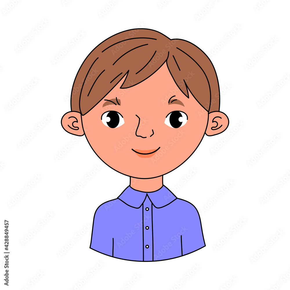 Cartoon character, portrait of a young caucasian man in a blue shirt. Website user, social media, dating app profile picture. Friendly happy male mascot.Student guy, school pupil, employee, consultant
