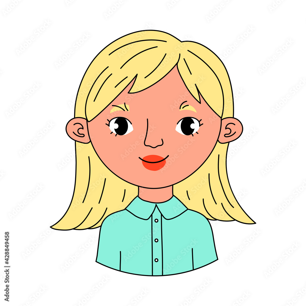 Cartoon character, portrait of a young blonde caucasian woman in a blue shirt. Website user, social media, dating app profile picture. Friendly happy female mascot.Student girl, school pupil, employee