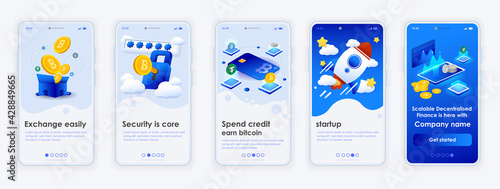 Defi application 3D Rendering design temple app, UX UI Set crypto coins Bitcoins, Tether, Token , Ethereum 