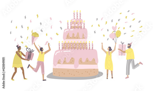 People Characters dancing near Birthday Cake and Celebrating. Woman and Man holding Gifts and Balloons. Friends Enjoying the Bday Party. Happy Birthday Concept. Flat hand darwn Vector Illustration.