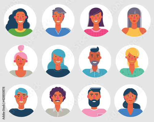 Material cartoon avatars, vector trendy characters collection