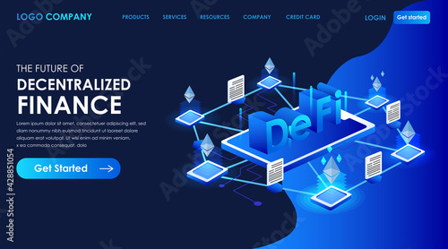 Decentralized finance banner ethereum symbol 3D Rendering DeFi concept.