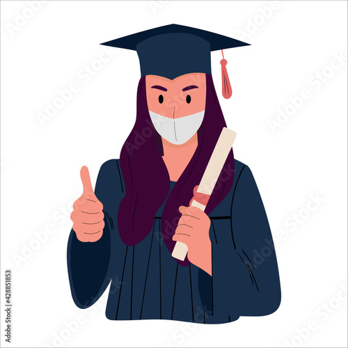 happy graduate student in a graduation cap and a blue robe stands in a mask with her diploma. Flat vector illustration