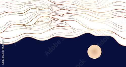Golden line on blue abstract elegant texture. Vip luxury vector background of clouds and full moon sky.