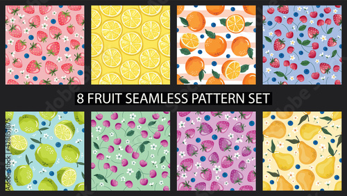 Seamless pattern set with fruits and blossom. Summer festive background collection for textile, fabric, birthday wrapping paper. Vector