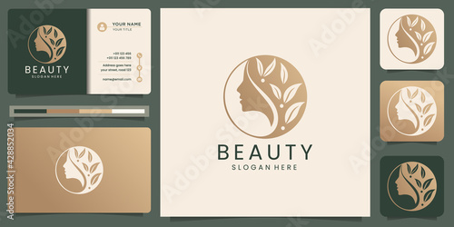 Creative beauty woman hair salon combine with nature leaf concept, logo and business card design. Premium Vector