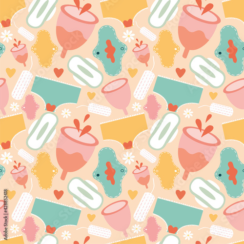 Menstruation theme. Period vector illustration. Feminine hygiene products. Panties, pads, cups. Menstrual protection, feminine hygiene. Zero waste objects. 