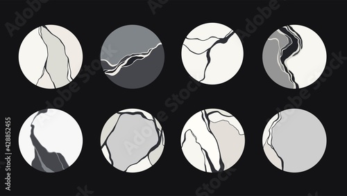 Set of natural textures. Black and white abstract marble stone design, kintsugi style. Minimal circle modern vector badge. Crack ground, abstract landscape. Grey patterns, logo, branding template.