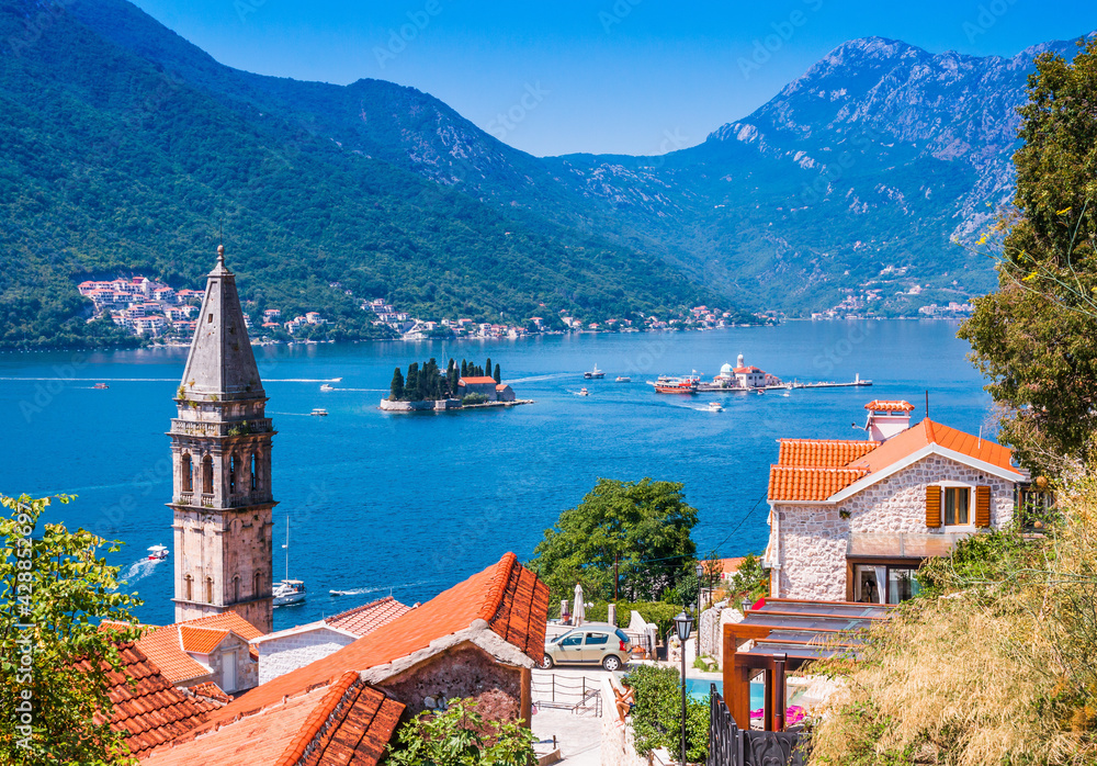 Perast, Montenegro. View of the historic town of Perast at the Bay of Kotor.