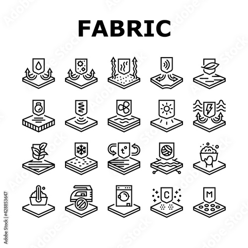 Fabrics Properties Collection Icons Set Vector. Elastic And Stretched, Warm And Cool, Antibacterial And Breathable Fabrics Properties Black Contour Illustrations