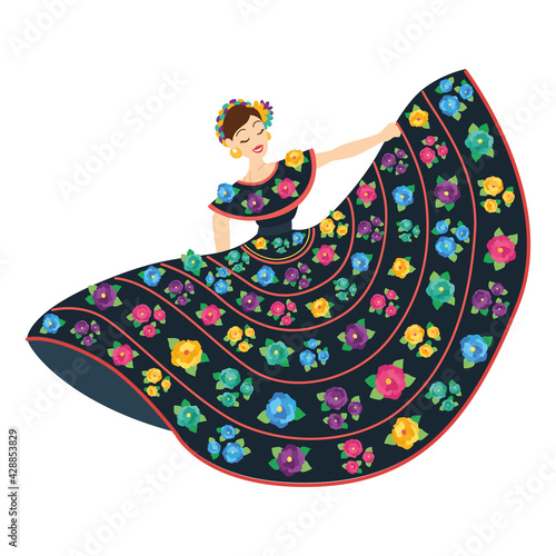 Isolated mexican woman on a folkloric dress with flowers - Vector