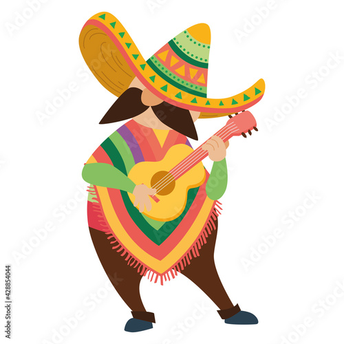 Man with a traditional mexican dress playing a guitar - Vector