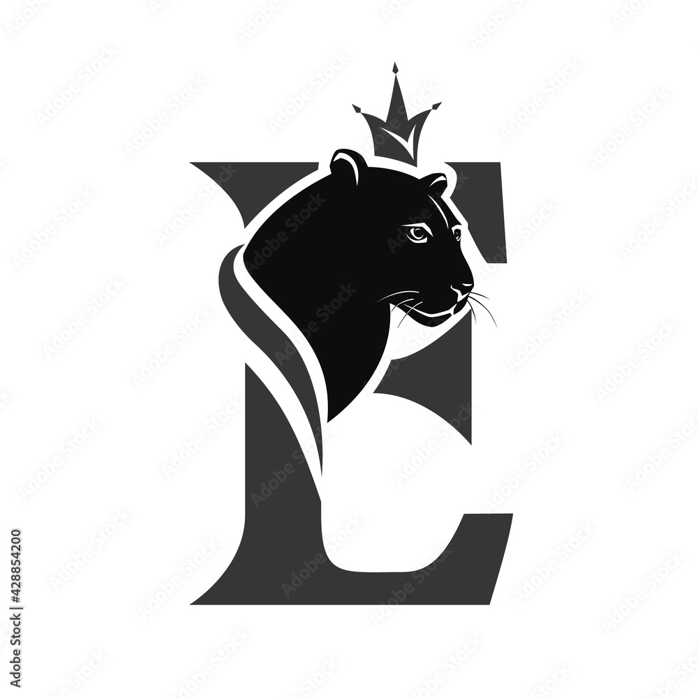 Capital Letter E with Black Panther. Royal Logo. Cougar Head Profile.  Stylish Template. Tattoo. Creative Art Design. Emblem for Brand Name,  Sports Club, Printing on Clothing. Vector illustration Stock Vector | Adobe