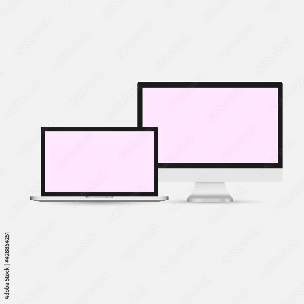 Set of realistic display, laptop, tablet computer and mobile phone template with blue screen Set of realistic display, laptop, tablet computer and mobile phone template with blue screen