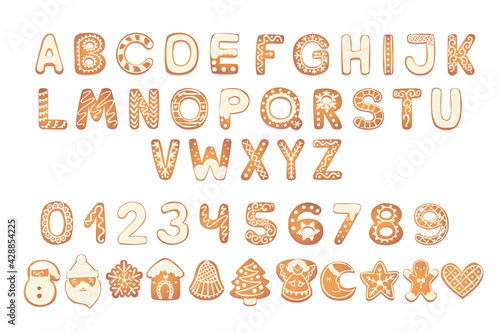 Christmas gingerbread cookies alphabet with figures. Biscuit letters, characters for xmas messages and design. Vector illustration with decorations.