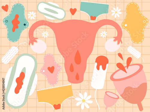 Menstruation theme. Period vector illustration. Feminine hygiene products. Panties, pads, cups. Menstrual protection, feminine hygiene. Zero waste objects. 