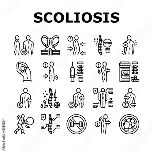 Scoliosis Disease Collection Icons Set Vector. Corset And Surgery Medical Operation For Treatment Kyphosis And Scoliosis Health Problem Black Contour Illustrations
