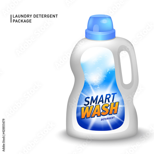 Realistic mock up of container for liquid detergent with designed etiquette. Detergent package.