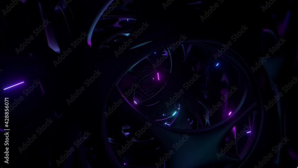 Flying through an abstract alien structure illuminated by neon lights. Modern ultraviolet lighting. 3d Animation of seamless loop Flying through an abstract alien structure illuminated by neon lights. Modern ultraviolet lighting. 3d Animation of seamless loop