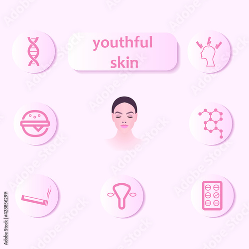 Skin health. Aging reasons. Icons denoting factors that affect the condition of the skin. Problem skin infographics on the face. Hormones, genetics, drugs, bad nutrition, cigarette, stress icon.