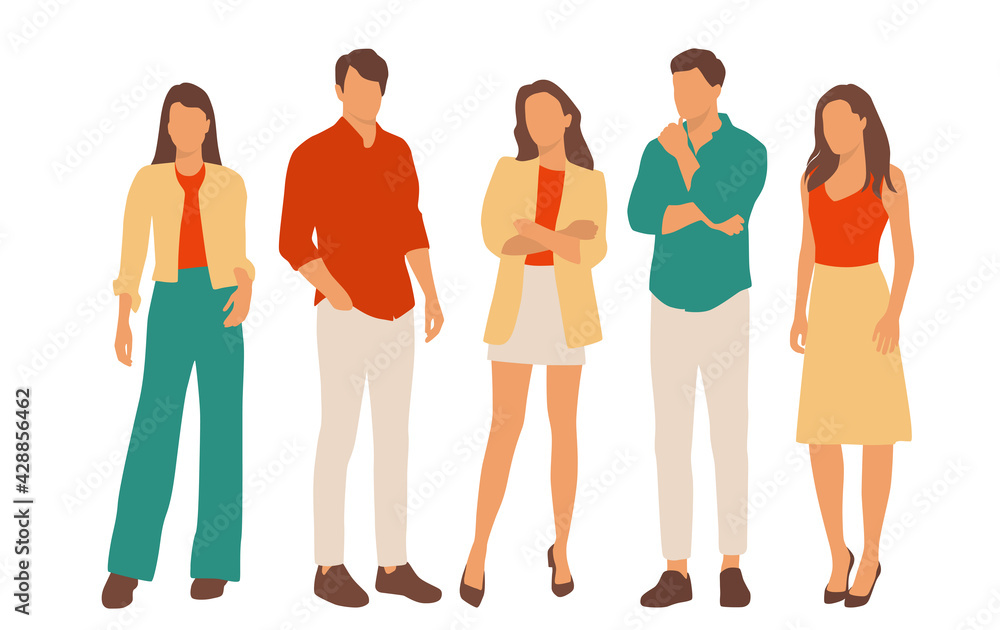 Fototapeta premium Set of young men and women, different colors, cartoon character, group of silhouettes of standing business people, students, the design concept of flat icon, isolated on white background