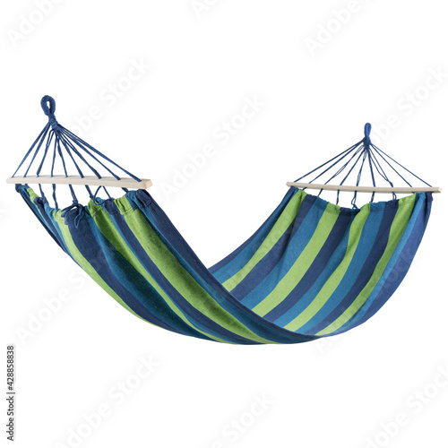 Fototapeta colored striped blue-green hammock with wooden slats, levitates, on white backgr