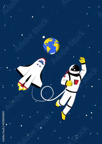 Blue space background with copy space for text. Astronomy Template Design with planet Earth, stars in outer space and floating astronaut near shuttle. Cartoon vector illustration.