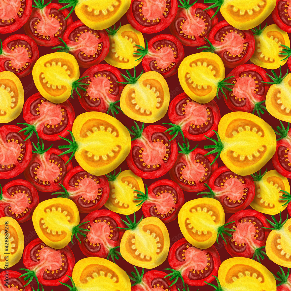 Red and yellow slice tomatoes watercolor seamless pattern. Fresh half vegetables isolated on dark background for textile, wrapping paper, wallpaper, kitchen towels and apron Red and yellow slice tomatoes watercolor seamless pattern. Fresh half vegetables isolated on dark background for textile, wrapping paper, wallpaper, kitchen towels and apron