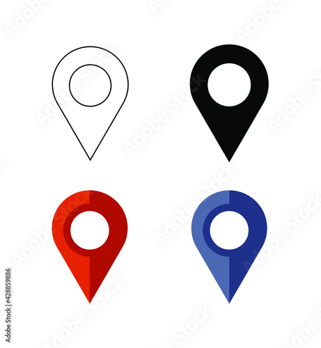 Vector location pin signs set isolated on white background, outline, black, red and blue icons. 