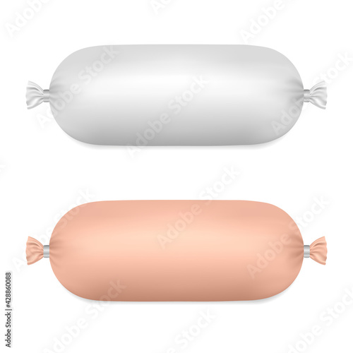 Vector realistic Sausage package set. Mockup. White and pink packaging isolated on white background. blank food template. Ready for design. EPS10.