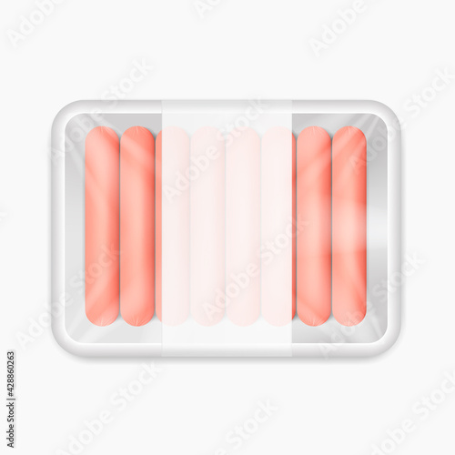 Sausages in white plastic tray packaging. Vector 3d realistic mockup. package food template. Ready for design. Top view. EPS10.