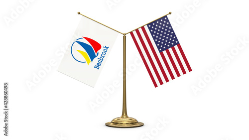 Benbrook 3D rendered flag. Side by side with the flag of the United States of America. Tiny golden office flagpole isolated on white background. photo