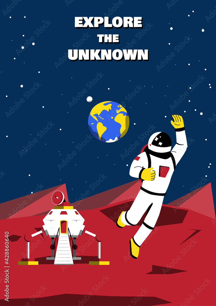 Blue space background with copy space for text. Astronomy Template Design with astronaut floating in low gravity on Mars. Cartoon vector illustration. Blue space background with copy space for text. Astronomy Template Design with astronaut floating in low gravity on Mars. Cartoon vector illustration.