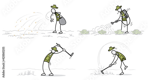 Set of farmer at outdoor activities in different poses. Print vector illustration
